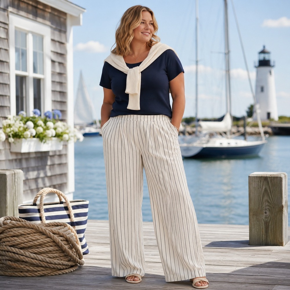 Old Navy Linen Blend Striped Taylor Wide Leg Trousers Sz XXL Tall Coastal Resort